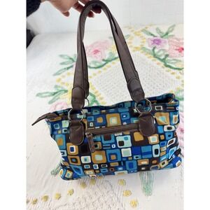 Donna Sharp Geometric Square Print Shoulder Bag Blue Brown Polka Dot Lining